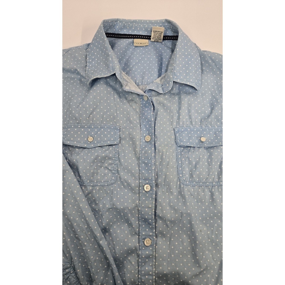 L.L. Bean Women's XL Blue Polka Dot Button Down Shirt Long Sleeve Stretch Cotton